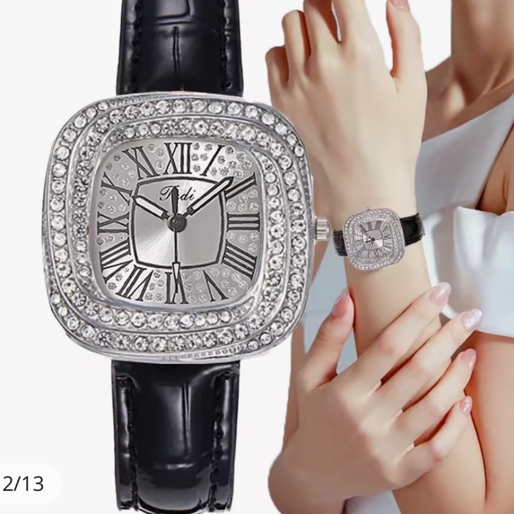 Women’s Square Design Starry Sky Quartz Watch With Diamonds black leather band